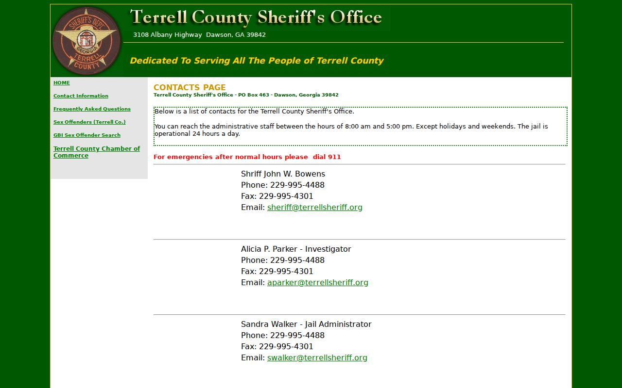 Terrell County Sheriff office contact page